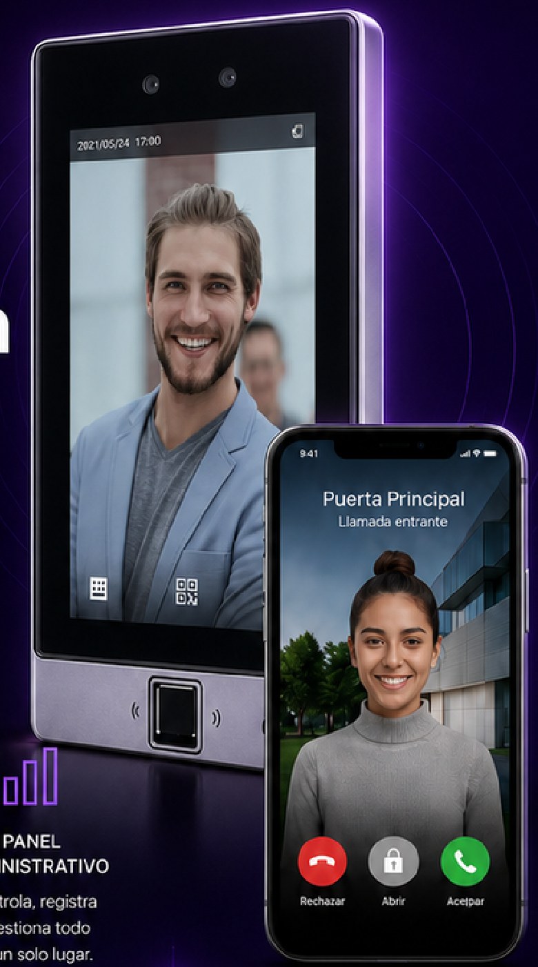 Panel de reconocimiento facial Verki y videollamada de citofonía móvil en celular